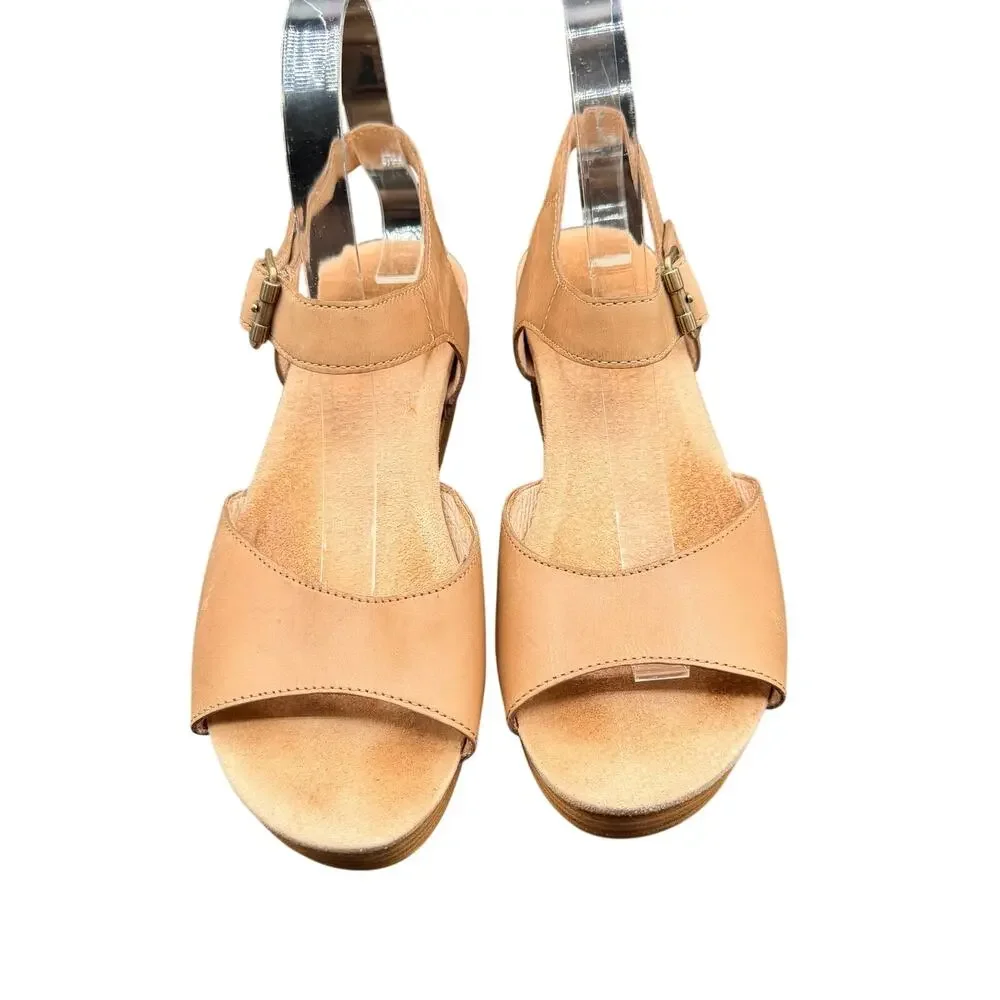 Dansko Leather Wedge Sandals Tan Camel Ankle Strap EU 37 US 6.5-7